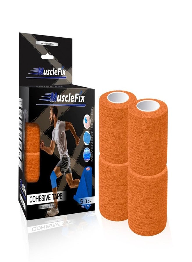 AGAM MuscleFix Breathable Self Adhesive Wrap, Athletic, Non Woven Cohesive Bandage - for Sports, First Aid Medical, Wrist, Swelling (5 cm X 4.5 mtr- Pack of 4) (Orange) - Image 1