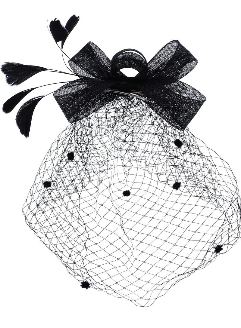 KASTWAVE Hat for Women Hat Pillbox Hat Hat Feathers Veil Mesh Headband and Short Lace Gloves Floral Lace Gloves Tea Party Wedding Flower Cocktail Mesh Feathers Hair Clip  - Image 5
