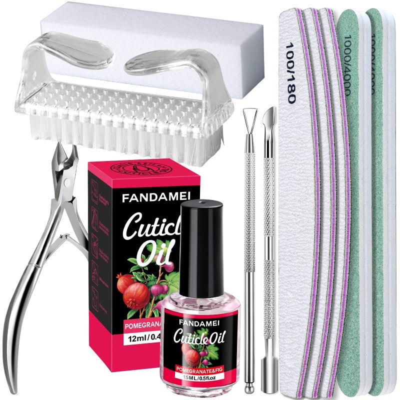 FANDAMEI Nail Files and Buffers Nail Care Kit with Cuticle Nipper Pusher Peeler Nail File Nail Buffer Block Cuticle Oil Pomegranate for Cuticle Remover