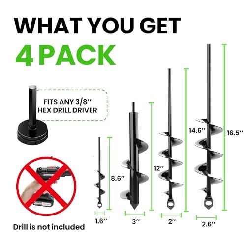 K-Brands Auger Drill Bit for Planting 4 Pack – Garden Spiral Hole and Bulb Planter Tool for Umbrella Holes - Compatible with 3/8 Inch Hex Drive - Image 2