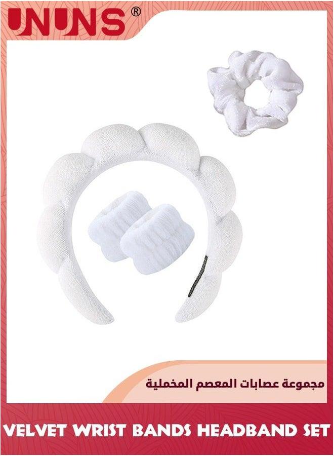 UNUNS Spa Sponge Headbands Wristbands And Hair Rope Set,Sponge Velvet Head Band For Women Girl,Absorbent Headband Wristband Towel Washing Face,Shower,Skincare,Makeup Removal,White - Image 1