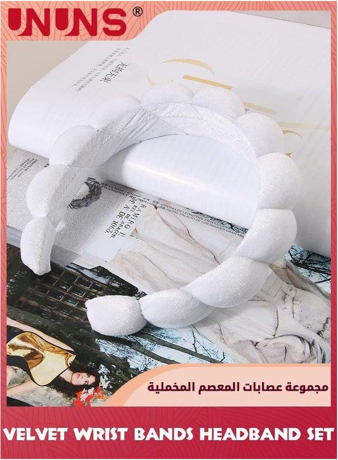 UNUNS Spa Sponge Headbands Wristbands And Hair Rope Set,Sponge Velvet Head Band For Women Girl,Absorbent Headband Wristband Towel Washing Face,Shower,Skincare,Makeup Removal,White - Image 5