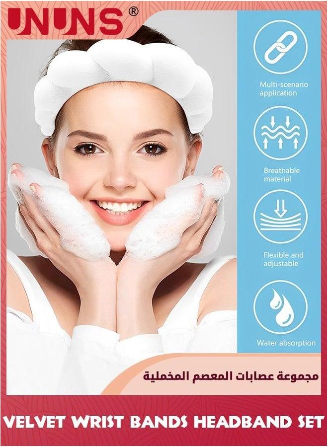 UNUNS Spa Sponge Headbands Wristbands And Hair Rope Set,Sponge Velvet Head Band For Women Girl,Absorbent Headband Wristband Towel Washing Face,Shower,Skincare,Makeup Removal,White - Image 4