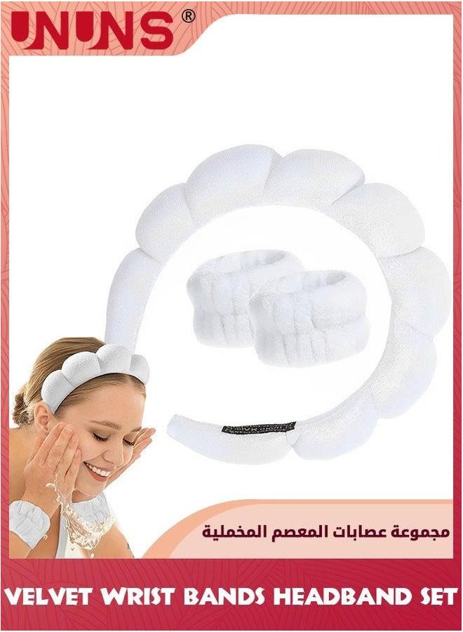 UNUNS Spa Sponge Headbands Wristbands And Hair Rope Set,Sponge Velvet Head Band For Women Girl,Absorbent Headband Wristband Towel Washing Face,Shower,Skincare,Makeup Removal,White - Image 2