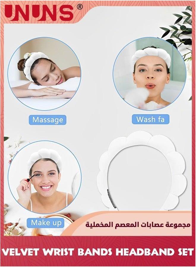 UNUNS Spa Sponge Headbands Wristbands And Hair Rope Set,Sponge Velvet Head Band For Women Girl,Absorbent Headband Wristband Towel Washing Face,Shower,Skincare,Makeup Removal,White - Image 3