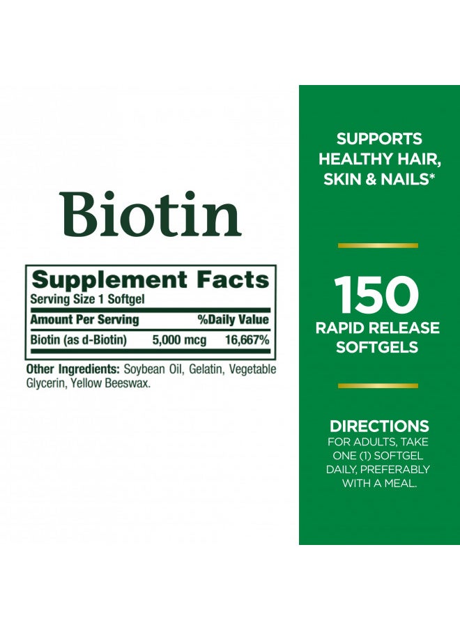 Nature's Bounty Biotin, Vitamin Supplement, Supports Metabolism for Cellular Energy and Healthy Hair, Skin, and Nails, 5000 mcg, 150 Softgels - pzsku/ZD7D59566B8DE2895A9B7Z/45/_/1727378319/52fe4ae8-6126-4134-9649-ec0b5d5bc108