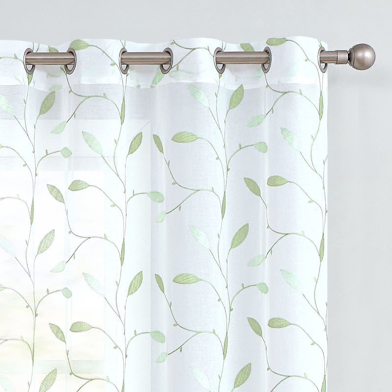 Lazzzy Sheer Curtains Embroidered Floral Leaf Voile Drapes for Bedroom Living Room Grommet Top Window Treatments 2 Panels 84 Inches Green on White - Image 1