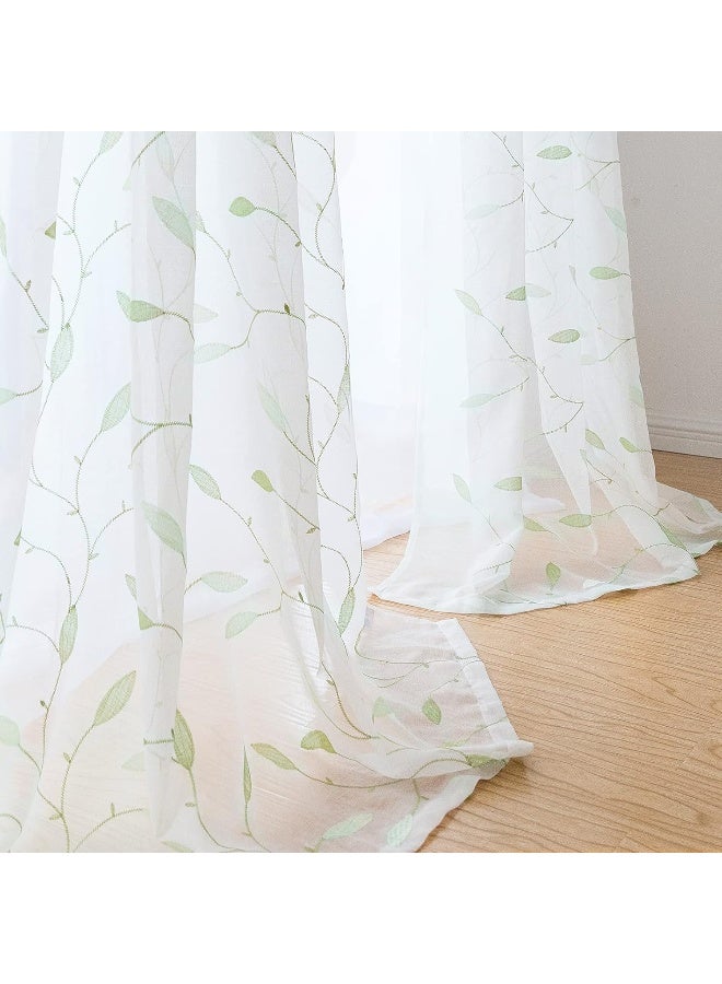 Lazzzy Sheer Curtains Embroidered Floral Leaf Voile Drapes for Bedroom Living Room Grommet Top Window Treatments 2 Panels 84 Inches Green on White - Image 4