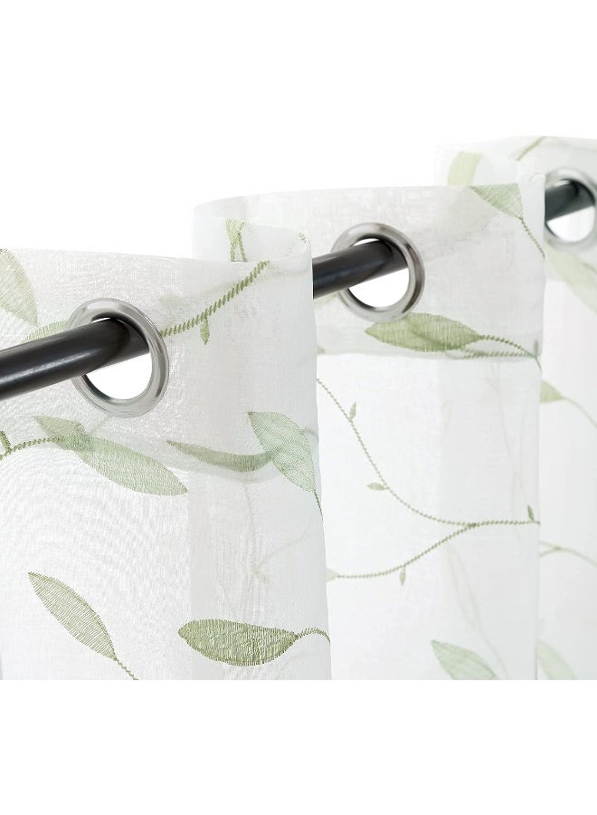 Lazzzy Sheer Curtains Embroidered Floral Leaf Voile Drapes for Bedroom Living Room Grommet Top Window Treatments 2 Panels 84 Inches Green on White - Image 3
