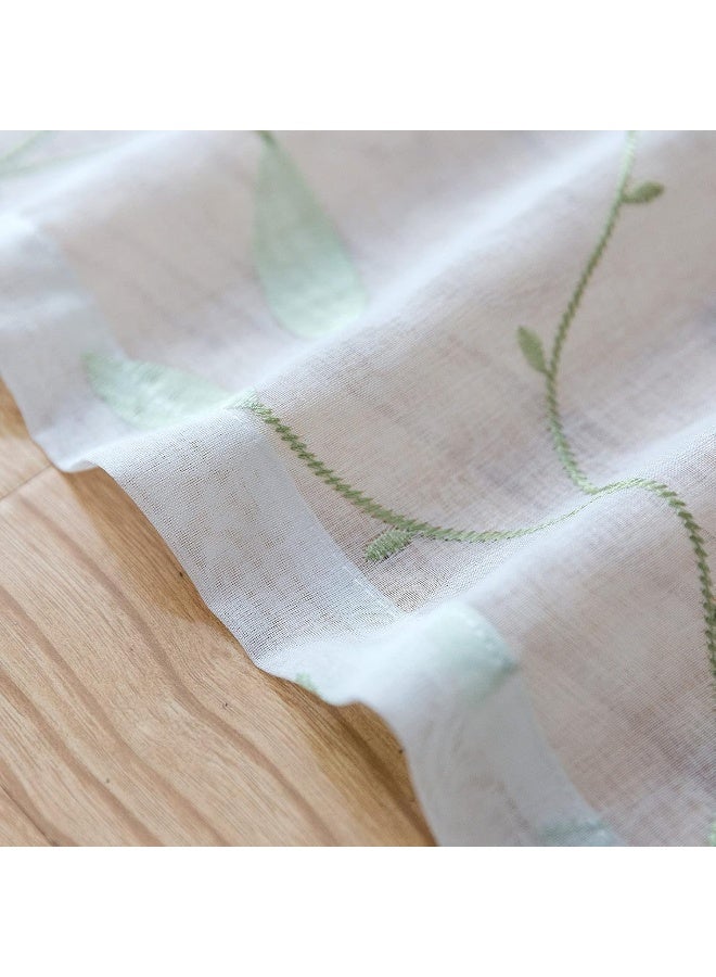 Lazzzy Sheer Curtains Embroidered Floral Leaf Voile Drapes for Bedroom Living Room Grommet Top Window Treatments 2 Panels 84 Inches Green on White - Image 2