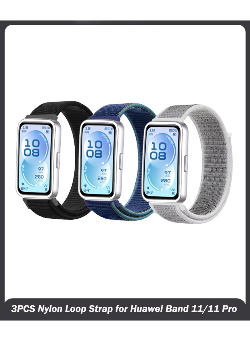Wechdo 3PCS Nylon Loop Strap for Huawei Band 11/11 Pro, Soft Breathable Adjustable Sport Wristband Replacement Band for Huawei Band 11 Smart Band Black, Deep Navy Blue and Seashells Color - Image 1