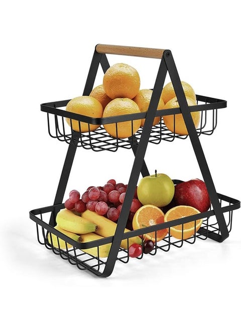 2-Tier Countertop Fruit Basket Storage, Vegetable Rack Bread Display Stand for Kitchen, Black