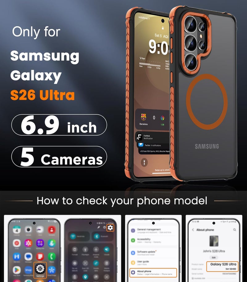 DEERLAMN Strong Magnetic Case for Samsung Galaxy S26 Ultra 6.9-Inch,[Compatible with Magsafe][Military Grade Drop Protection] Translucent Matte Shockproof Protective Phone Cover, Frosted Orange - Image 2