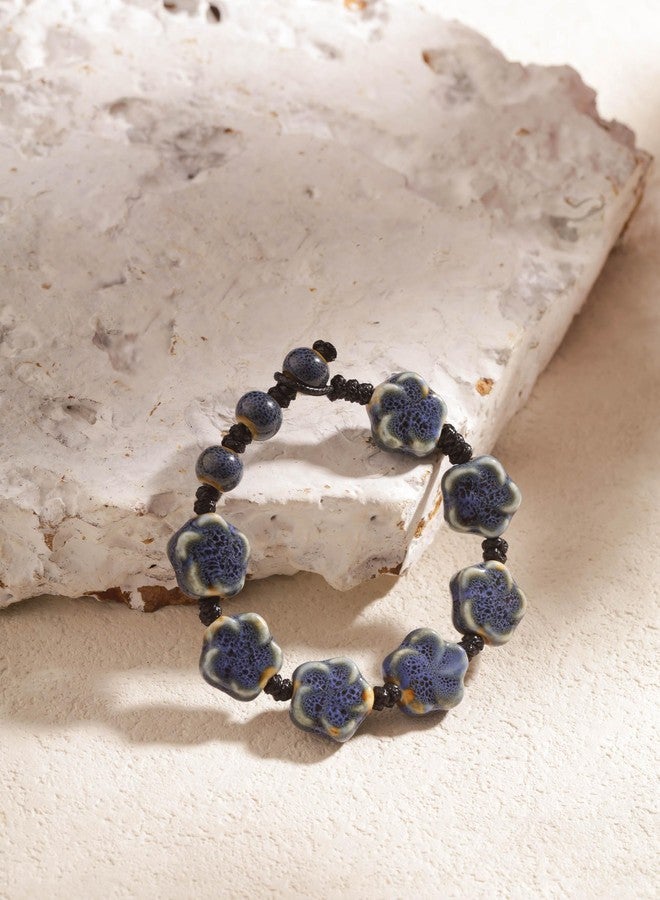 MINACHI Boho Dark Blue Ceramic Flower Bead Strand Stretch Bracelet for Women, Boho Hippie Summer Jewelry Gift - Image 3