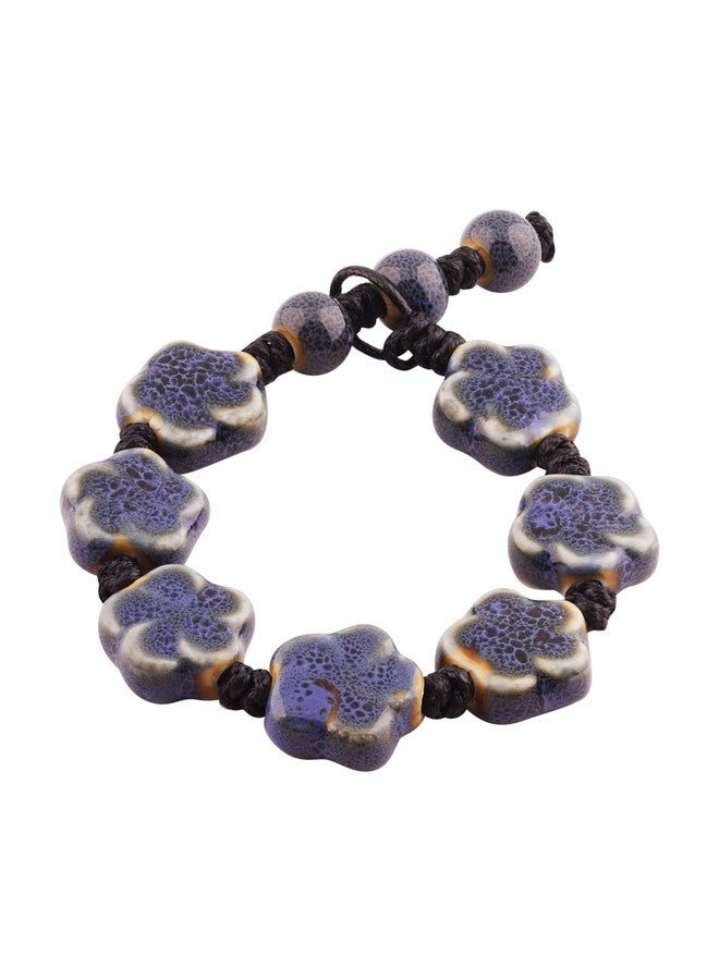 MINACHI Boho Dark Blue Ceramic Flower Bead Strand Stretch Bracelet for Women, Boho Hippie Summer Jewelry Gift - Image 1