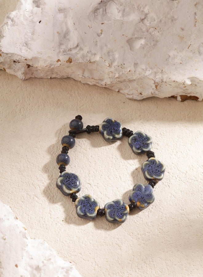 MINACHI Boho Dark Blue Ceramic Flower Bead Strand Stretch Bracelet for Women, Boho Hippie Summer Jewelry Gift - Image 2