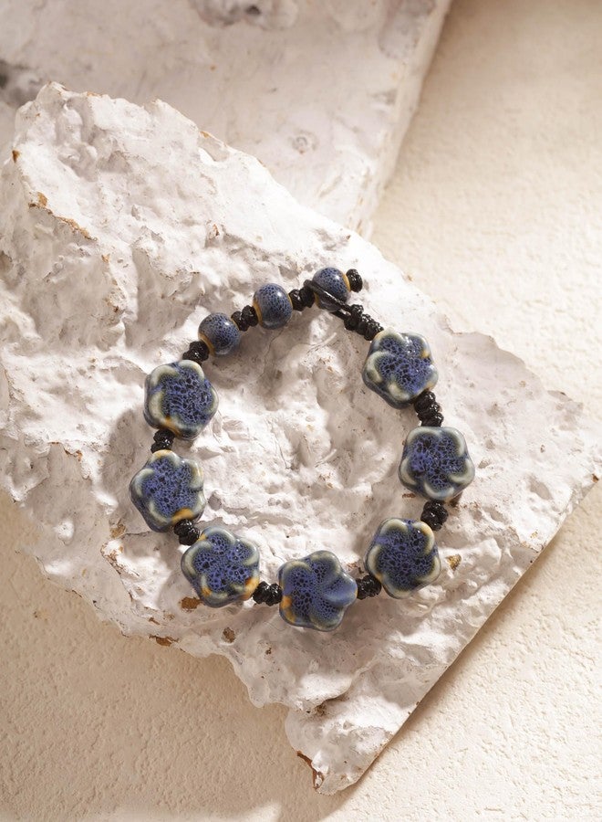MINACHI Boho Dark Blue Ceramic Flower Bead Strand Stretch Bracelet for Women, Boho Hippie Summer Jewelry Gift - Image 4
