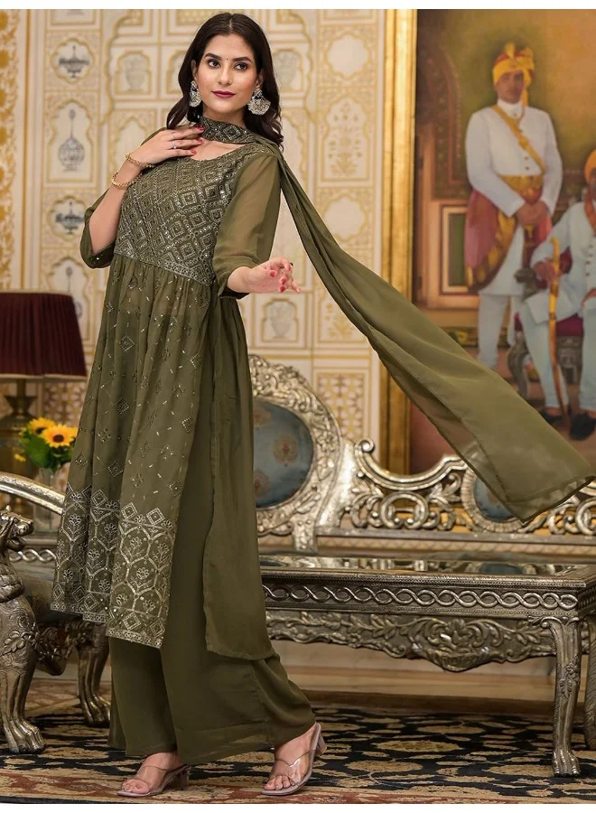 AKS AKS Couture Women Ethnic Motifs Embroidered Pleated Sequinned Kurta & Palazzos & Dupatta