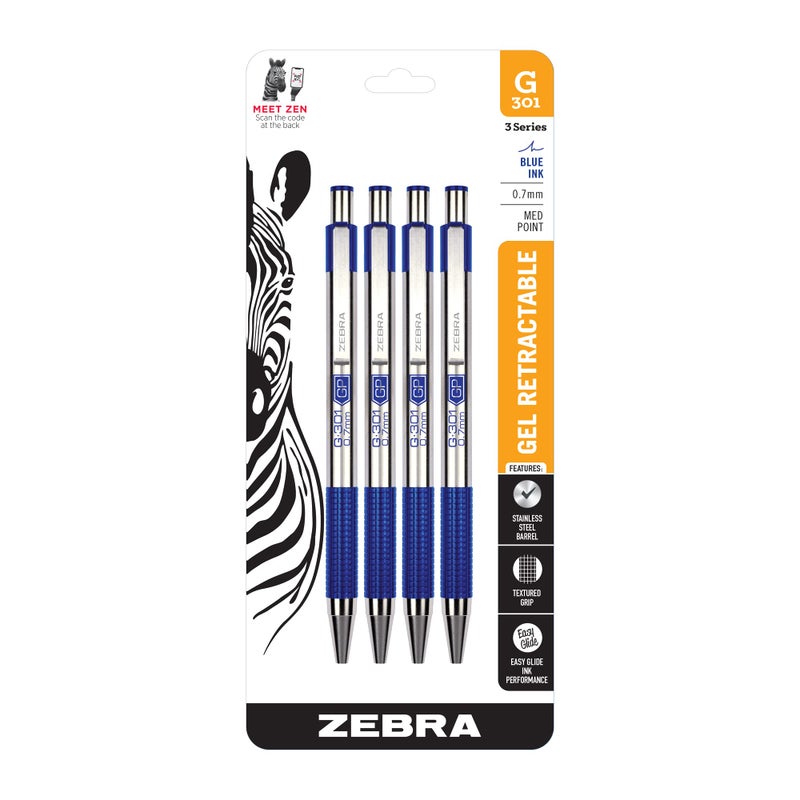 Zebra Pen G-301 Retractable Gel Pen, 0.7mm Medium Point, Stainless Steel Barrel, Ideal for Teacher Gifts, School Supplies and Office Supplies, Black Ink, 4-Pack (41324) - Image 1