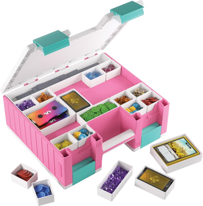Gamegenic Game Castle - All-in-One Double-Sided Storage Case for Cards and Gaming Accessories, 19 Removable Trays in 5 Sizes, Ideal for Cards, Tokens, Dice and Tools, Pink/White/Teal Color, Made - Image 5