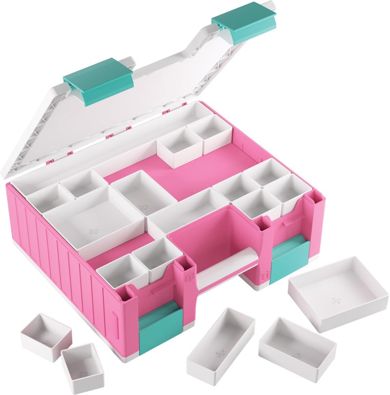 Gamegenic Game Castle - All-in-One Double-Sided Storage Case for Cards and Gaming Accessories, 19 Removable Trays in 5 Sizes, Ideal for Cards, Tokens, Dice and Tools, Pink/White/Teal Color, Made - Image 4