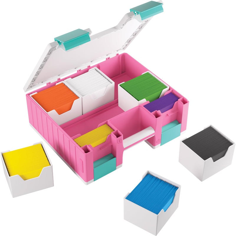 Gamegenic Game Castle - All-in-One Double-Sided Storage Case for Cards and Gaming Accessories, 19 Removable Trays in 5 Sizes, Ideal for Cards, Tokens, Dice and Tools, Pink/White/Teal Color, Made - Image 2