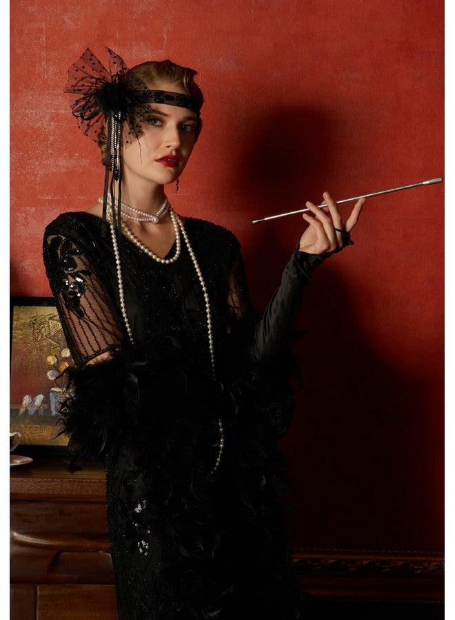 Cizoe Flapper Accessories For Women,Great Gatsby 1920S Peacock Headpiece Flapper Headband Beads Gloves(Champagne) - Image 3