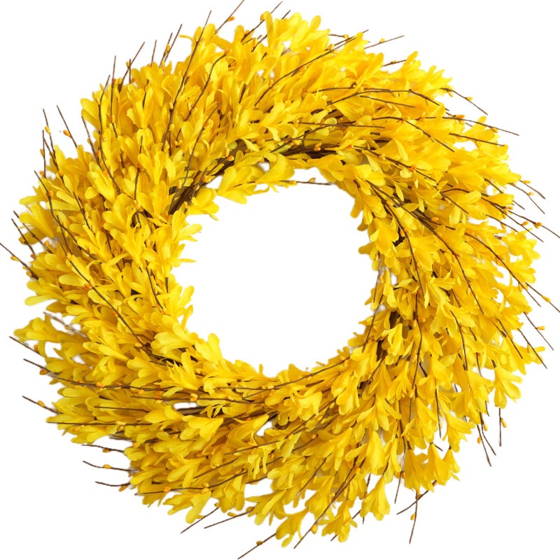 Bibelot 22inch Artificial Forsythia Flower Wreaths Spring Summer Fall Wreath Silk Leaves Wreath for Front Door Wreaths Porch Farmhouse Patio Garden Home Decor (yellow) - Image 1