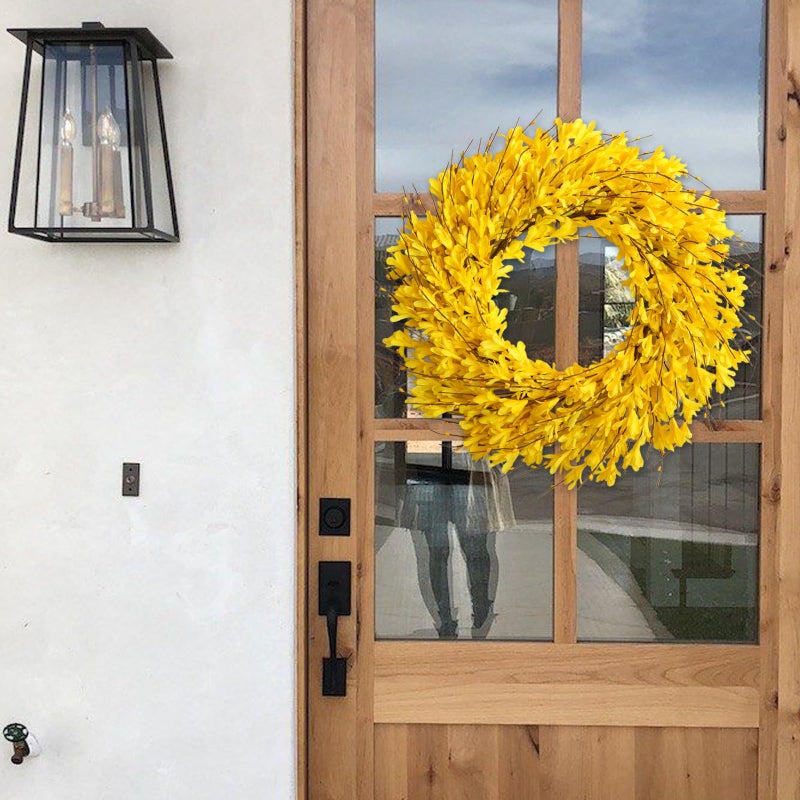 Bibelot 22inch Artificial Forsythia Flower Wreaths Spring Summer Fall Wreath Silk Leaves Wreath for Front Door Wreaths Porch Farmhouse Patio Garden Home Decor (yellow) - Image 2