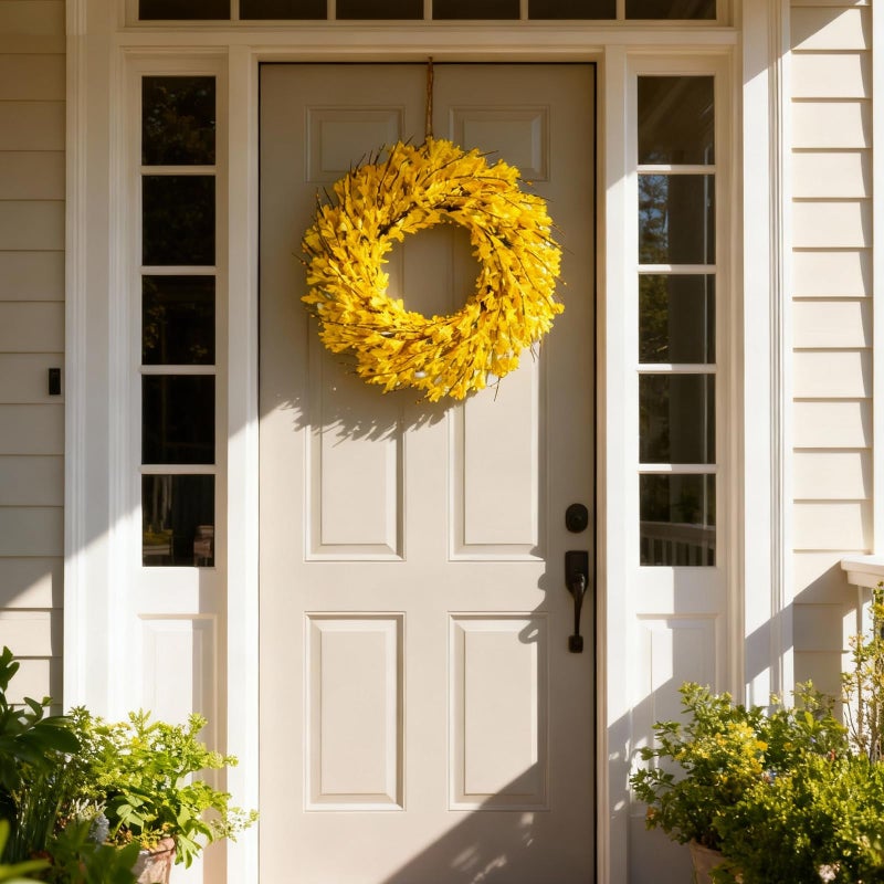 Bibelot 22inch Artificial Forsythia Flower Wreaths Spring Summer Fall Wreath Silk Leaves Wreath for Front Door Wreaths Porch Farmhouse Patio Garden Home Decor (yellow) - Image 5