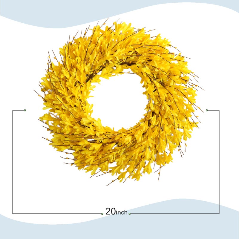 Bibelot 22inch Artificial Forsythia Flower Wreaths Spring Summer Fall Wreath Silk Leaves Wreath for Front Door Wreaths Porch Farmhouse Patio Garden Home Decor (yellow) - Image 4