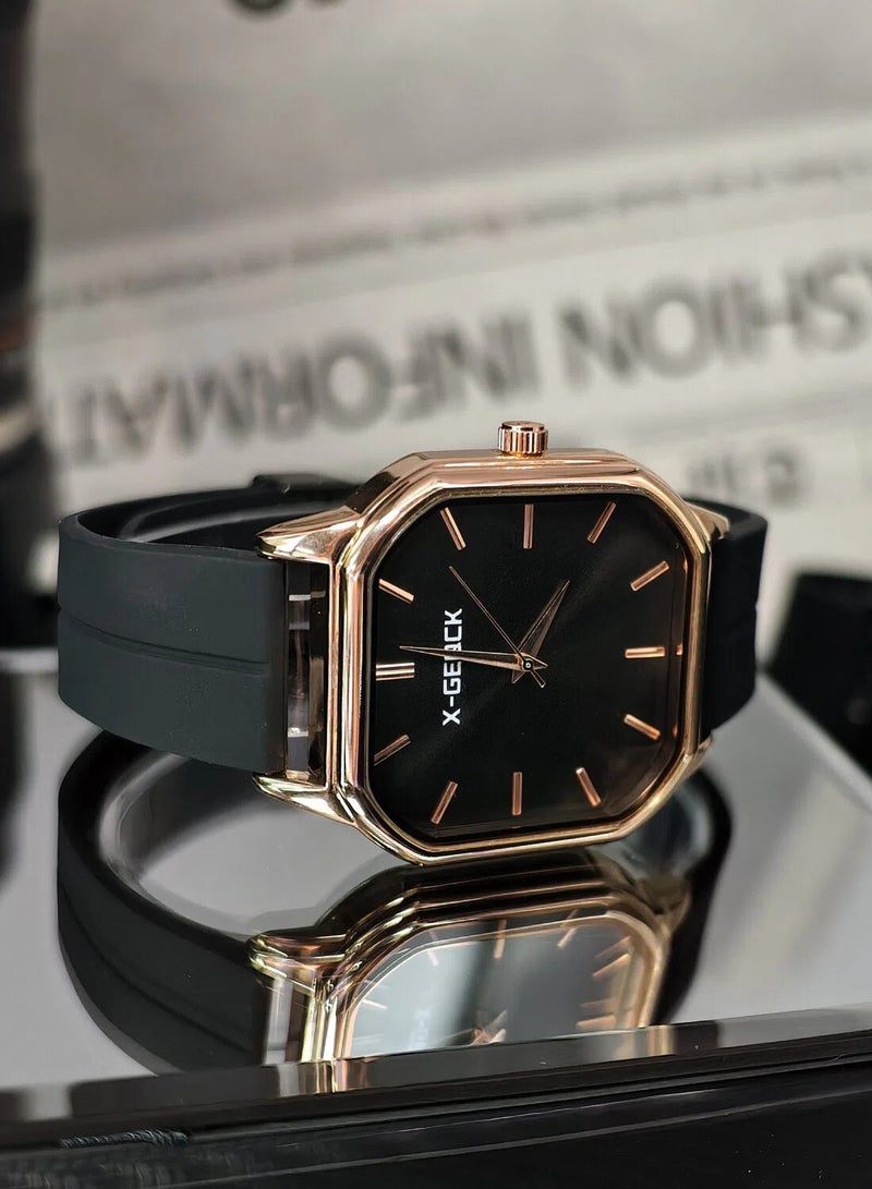 إكس-جيكيك ساعة فاخرة ثمانية الأضلاع للرجال - علبة من الذهب الوردي مع قرص أسود وحزام سيليكون | ساعة يد رسمية وغير رسمية - Image 4