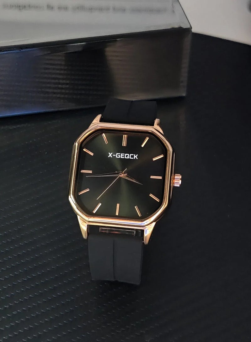 إكس-جيكيك ساعة فاخرة ثمانية الأضلاع للرجال - علبة من الذهب الوردي مع قرص أسود وحزام سيليكون | ساعة يد رسمية وغير رسمية - Image 3