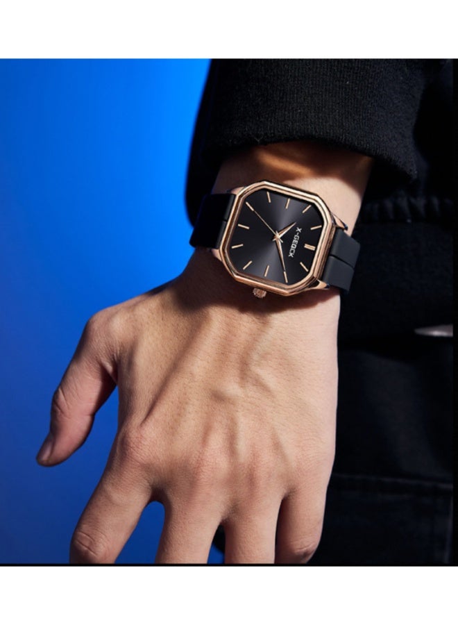 إكس-جيكيك ساعة فاخرة ثمانية الأضلاع للرجال - علبة من الذهب الوردي مع قرص أسود وحزام سيليكون | ساعة يد رسمية وغير رسمية - Image 2