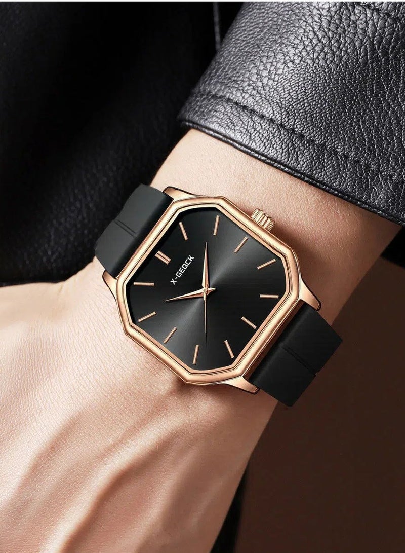 إكس-جيكيك ساعة فاخرة ثمانية الأضلاع للرجال - علبة من الذهب الوردي مع قرص أسود وحزام سيليكون | ساعة يد رسمية وغير رسمية - Image 1