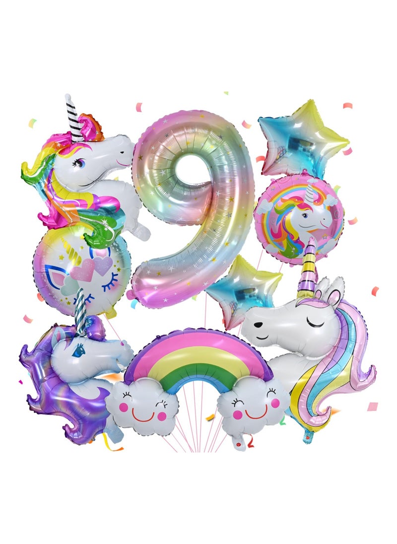 Unicorn Balloons 9th Birthday Decorations for Girls Party Decoration Number with Foil Girl Theme Supplies 10 Pcs - Image 1