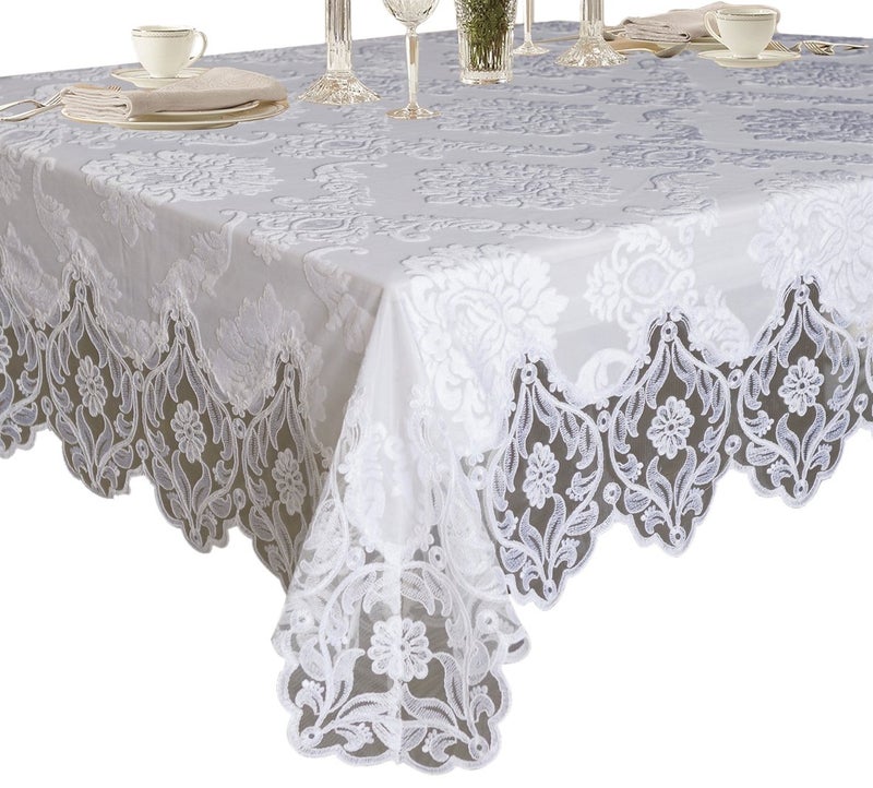 Violet Linen Elegant Velvet Lace Sheer Floral Deluxe Design Tablecloths  White 70 x 160 