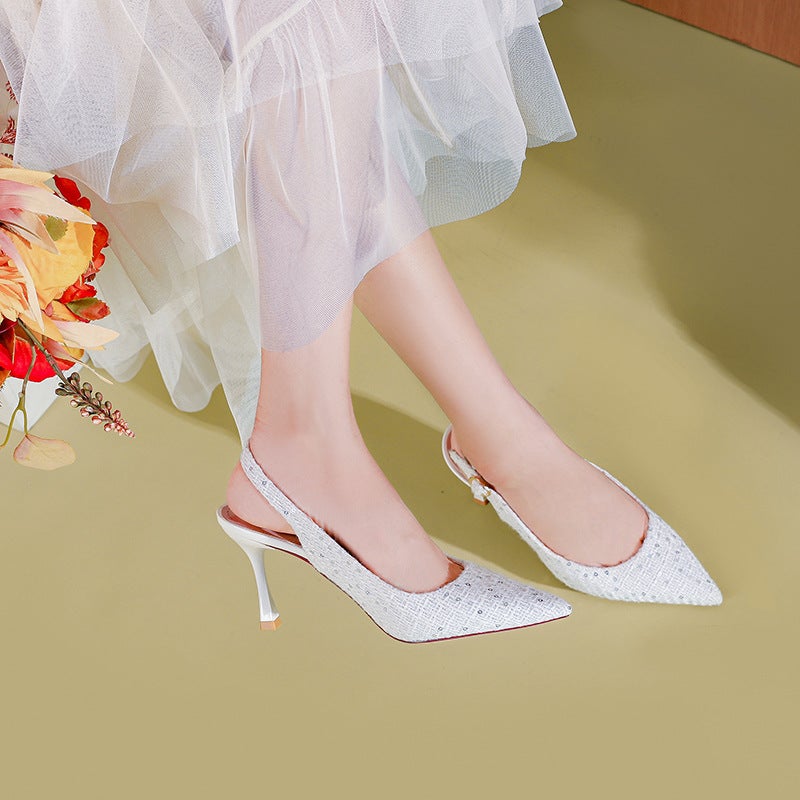 31-44 Size Small Chanel Style High Heels Stiletto Heel Pointed Shallow Mouth Empty Sandals Wrapped Top All-Match Single-Layer Shoes For Women - Image 4