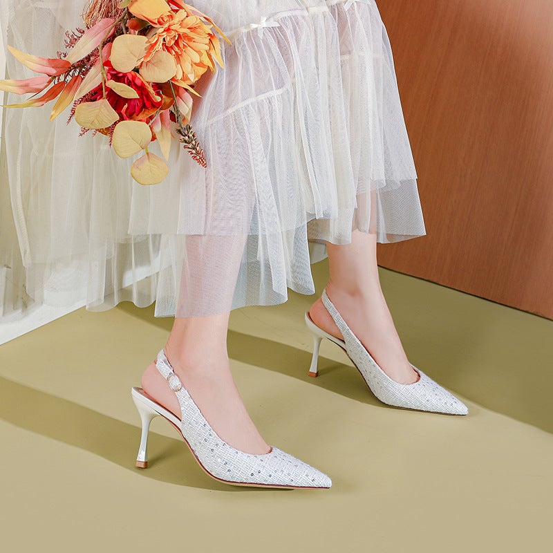 31-44 Size Small Chanel Style High Heels Stiletto Heel Pointed Shallow Mouth Empty Sandals Wrapped Top All-Match Single-Layer Shoes For Women - Image 3