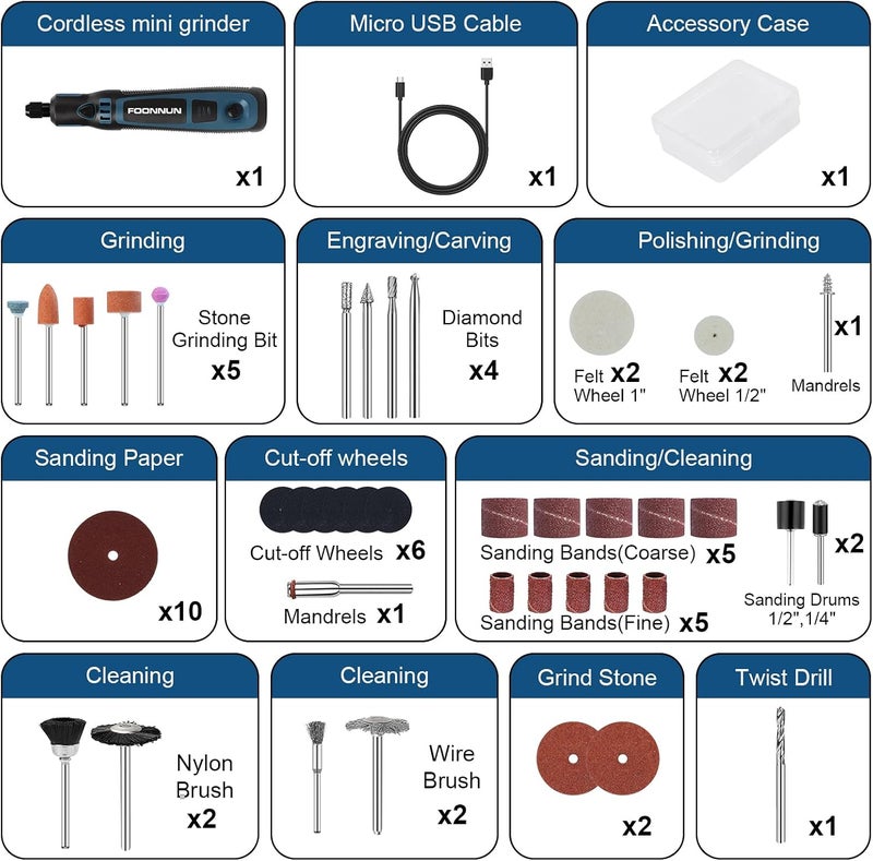 فوننون طقم أدوات دوارة لاسلكية صغيرة، سرعة متغيرة بثلاث مستويات وكابل شحن USB 3.6 فولت أدوات دوارة كهربائية صغيرة، 50 قطعة ملحقات للقطع والحفر والصنفرة والنقش والتلميع والحرف اليدوية - Image 3