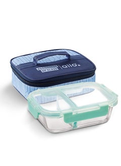 Allo Allo FoodSafe Compartment Glass Lunch Box with Break Free Lock, Oven & Microwave Safe, Borosilicate Glass Container with Partition Divider, Office Tiffin with Space Blue Bag, 580ml, Rectangle  - Image 1