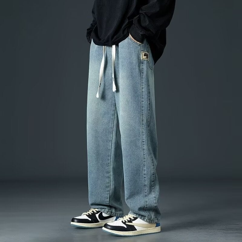 Teenager Spring and Autumn Straight Tube Elastoelastic Waist Jeans 2025 New Arrival Mens Trendy Brand Junior High School Students Casual Wide Leg Trousers E036 Blue 