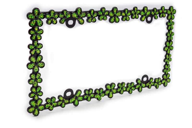 Creathome 3D Shining Daisy Wrenth License Plate Frame from Pure Zinc Alloy Metal Perfect Plate Holder, Matt Black with Green Glitter - Image 3