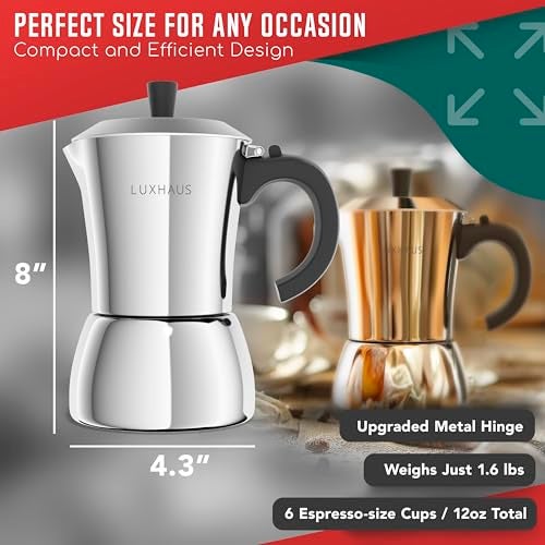 LuxHaus Moka Pot - 6 Cup Stovetop Espresso Coffee Maker - 100% Stainless Steel Italian and Cuban Mocha Coffee Maker - Image 3