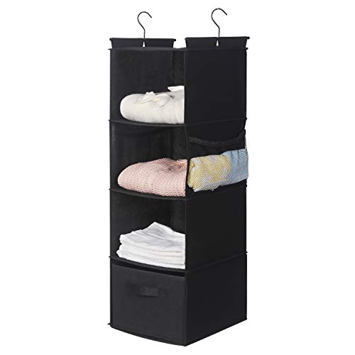 MAX Houser 4-Shelf Hanging Closet Organizer, Space Saver, Cloth Hanging Shelves with 2 Side Pockets, Foldable (Black) - Image 2