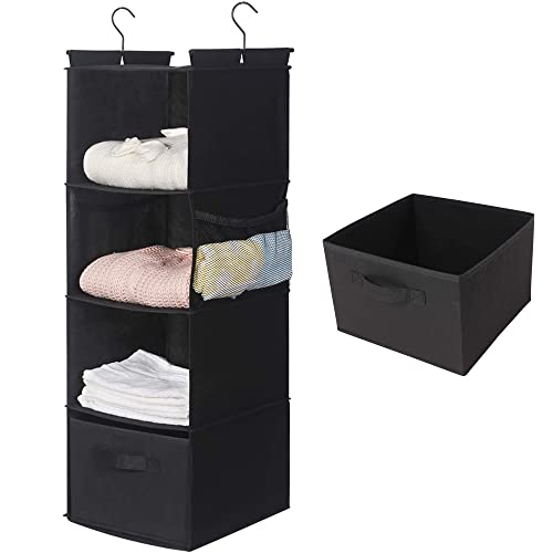 MAX Houser 4-Shelf Hanging Closet Organizer, Space Saver, Cloth Hanging Shelves with 2 Side Pockets, Foldable (Black) - Image 1