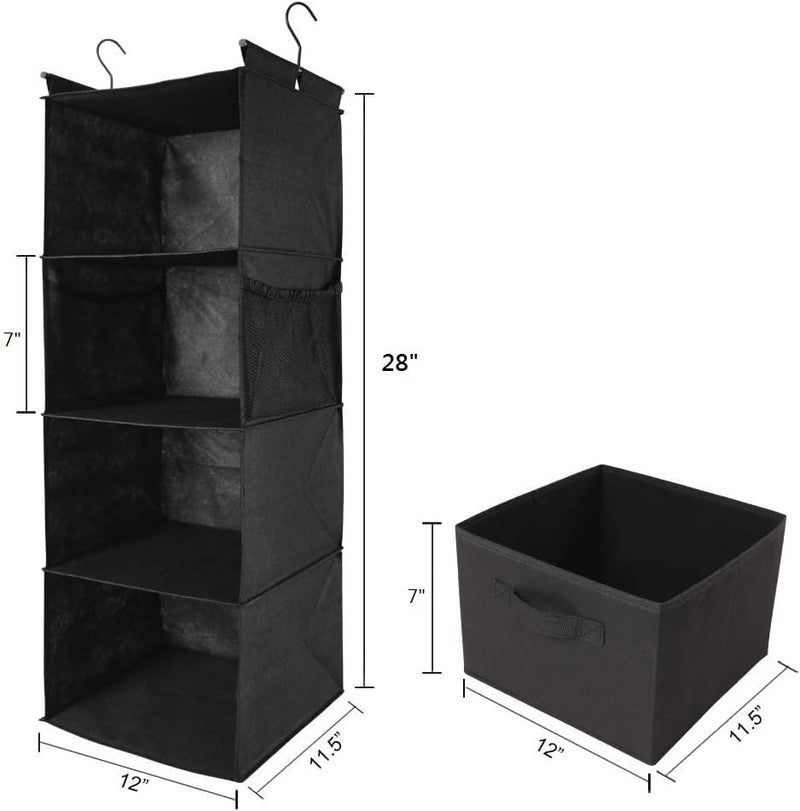 MAX Houser 4-Shelf Hanging Closet Organizer, Space Saver, Cloth Hanging Shelves with 2 Side Pockets, Foldable (Black) - Image 3