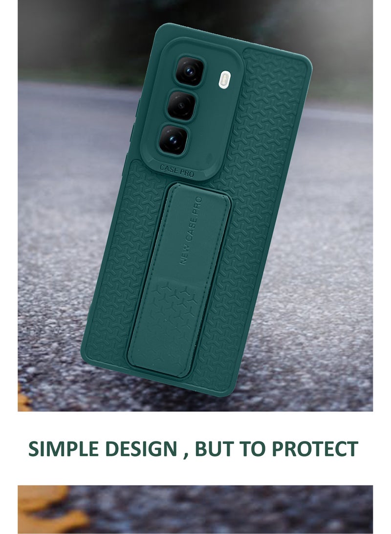 For Infinix Hot 50 Pro Plus - Semi Soft Silicone Magnetic Back Stand Case  With Foldable Kickstand  Finger Strap  - Green - Image 2