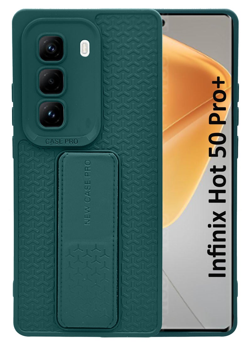 For Infinix Hot 50 Pro Plus - Semi Soft Silicone Magnetic Back Stand Case  With Foldable Kickstand  Finger Strap  - Green - Image 1