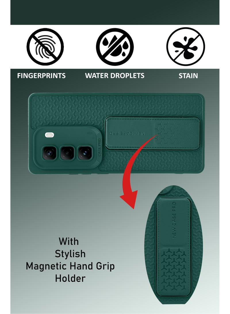 For Infinix Hot 50 Pro Plus - Semi Soft Silicone Magnetic Back Stand Case  With Foldable Kickstand  Finger Strap  - Green - Image 4